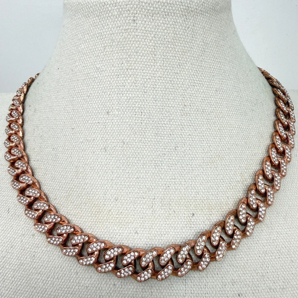 Chunky‎ Cuban Link Necklace Rhinestone Rose Gold Tone Crystal Thick